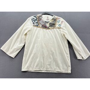 VTG Alfie California Shirt Patchwork Embroidered Quote Tunic Top Cream Boho L